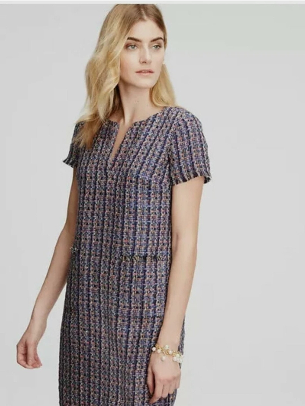 Ann Taylor Navy-Mix Short Sleeve Tweed Dress